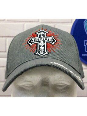 Jesus Saves Embroidered Gray Adjustable Baseball Cap With Cross Design